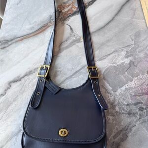 Chic Navy Leather Shoulder Bag with Gold Accents